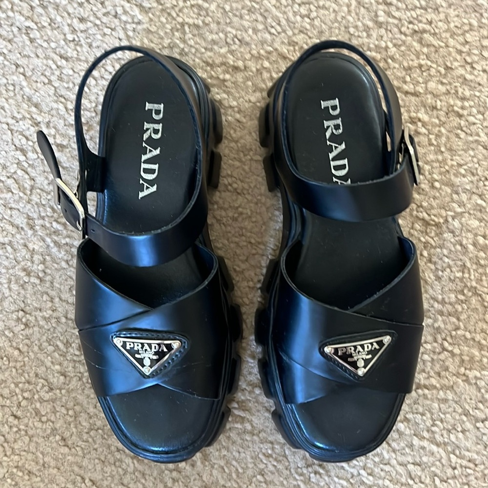 Prada Black Leather Sandals with Platform Sole